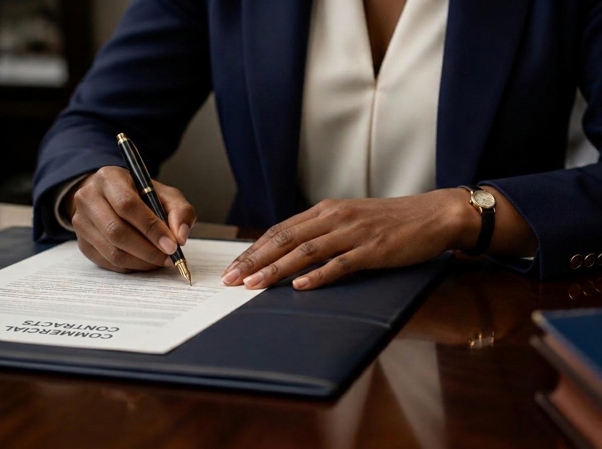 Black woman's hands signing a commercial contract with a fountain pen